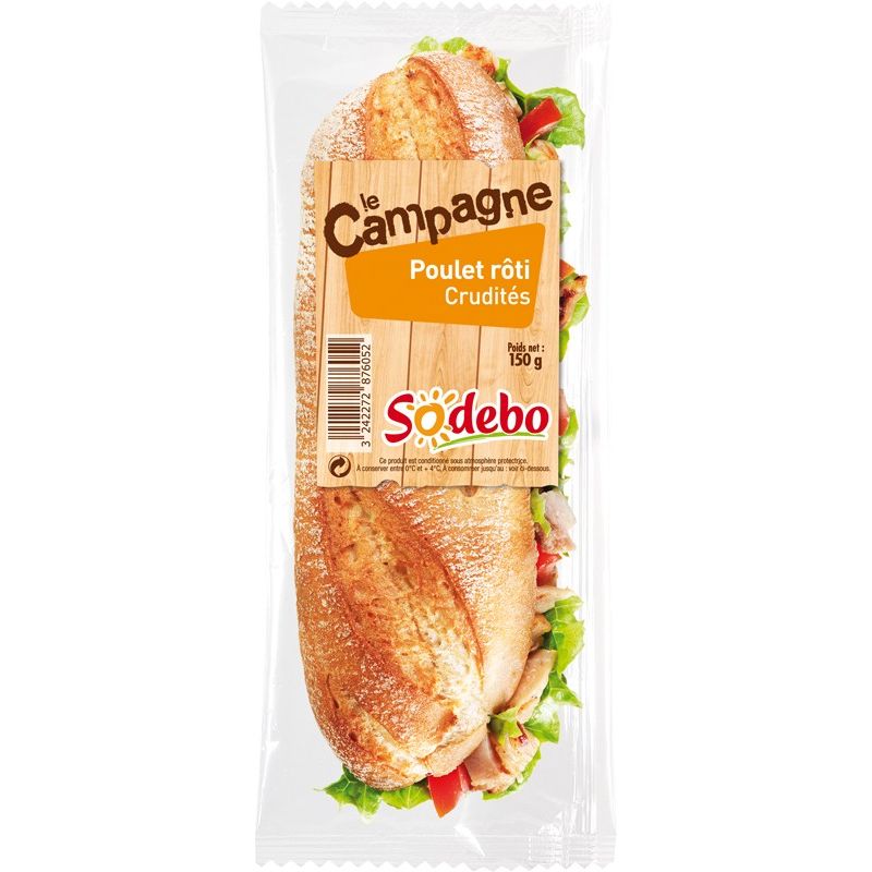 Sodeb'O 150G Sandwich Baguette Campagne Poulet/Crudites Sodebo.