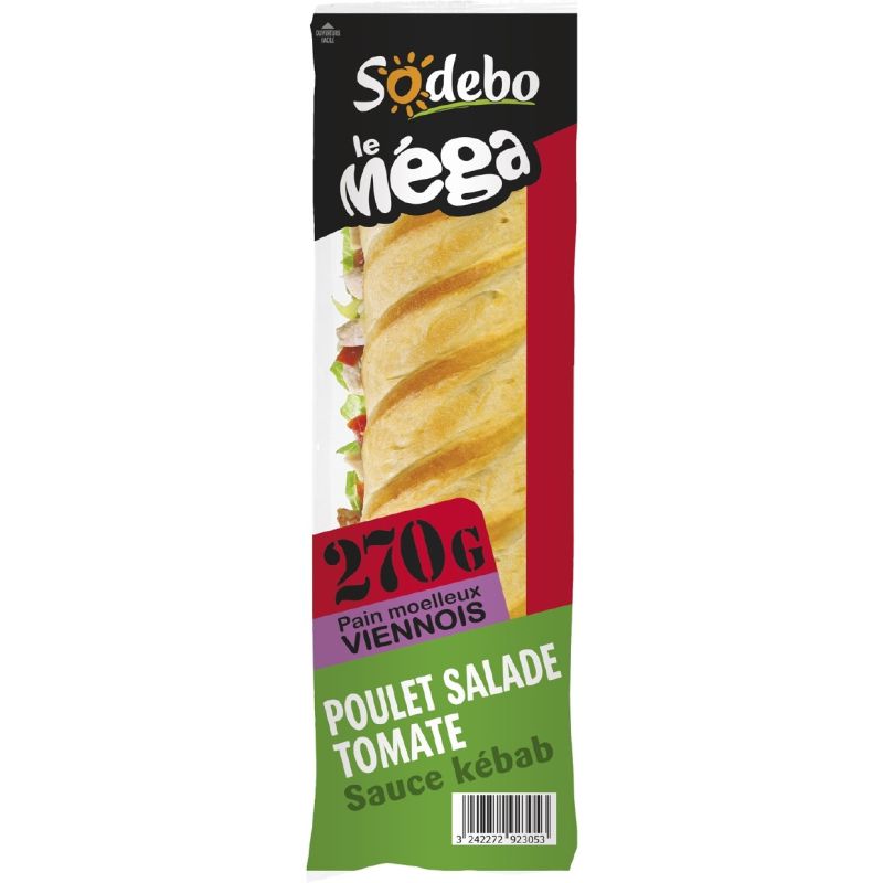 Sodeb'O Sodebo Sandwich Mega Viennois Poulet/Tomate/Salad/Kebab 270G