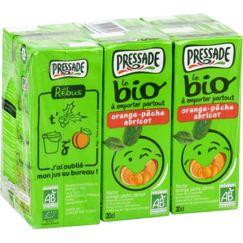 Pressade Nectar De Fruits Orange Pêche Abricot Bio : Le Pack 6 Briques 20Cl