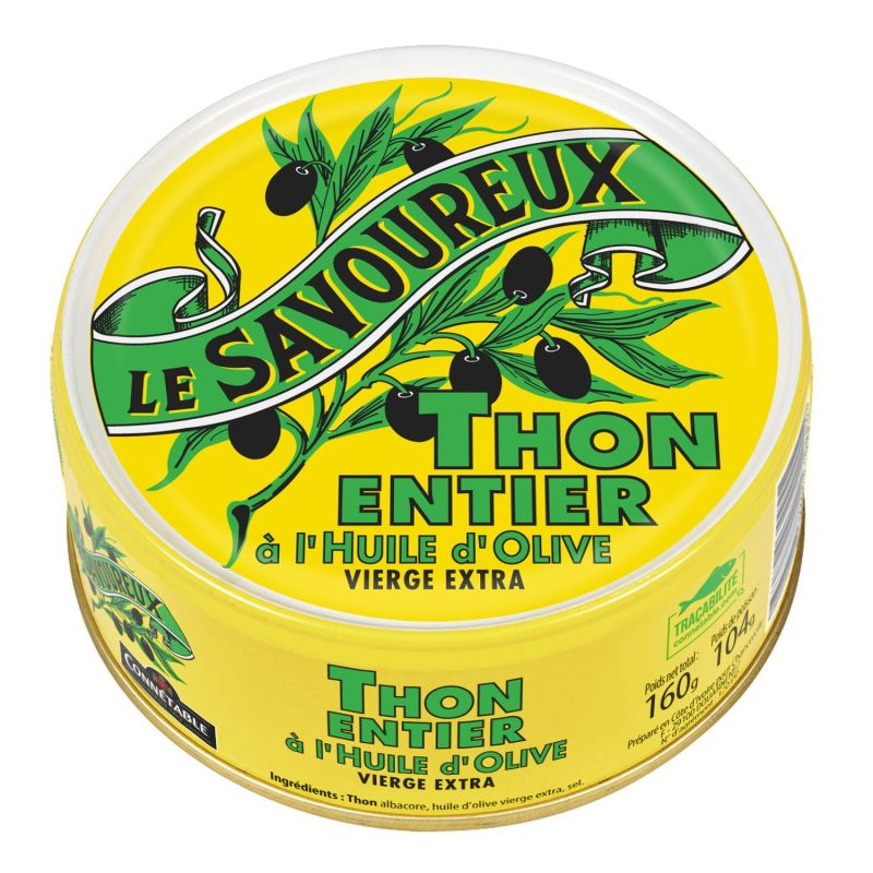 Le Savoureux Thon Entier À L'Huile D'Olive Vierge Extra : La Boite De 104 G Net Égoutté