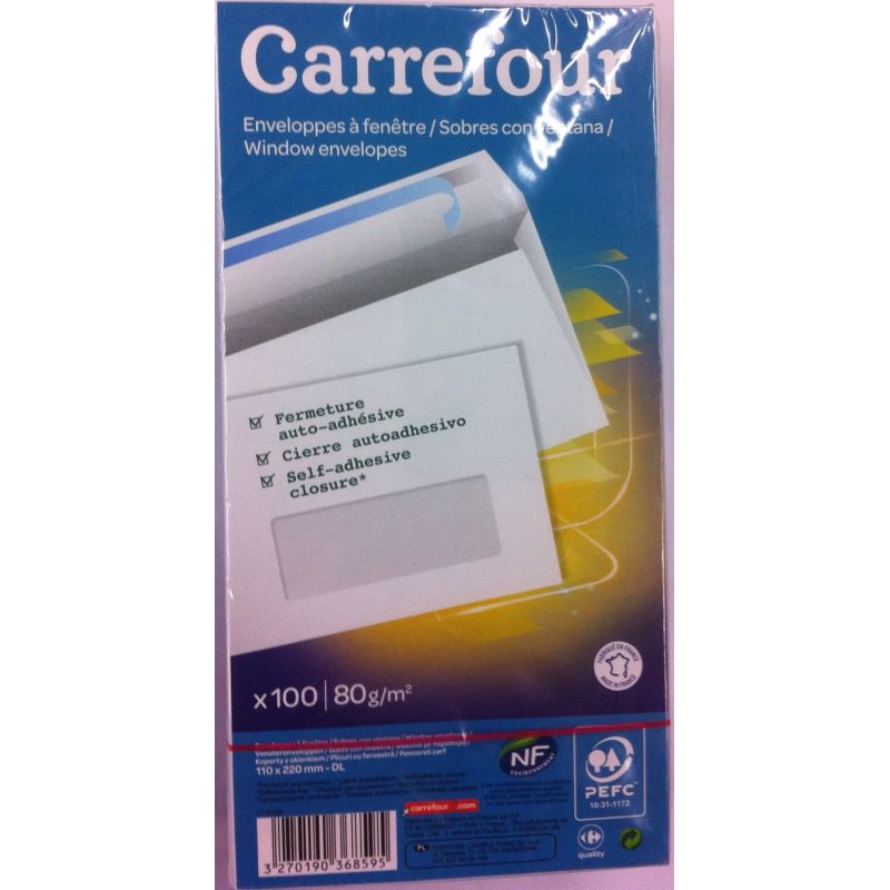 Carrefour Lot De 100 Enveloppes Fenêtre 110X220 Adhésif Auto-Scellant Crf