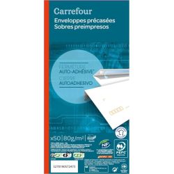 Carrefour Lot De 50 Enveloppes 110X220 80G Adhésif Auto-Scellant Crf