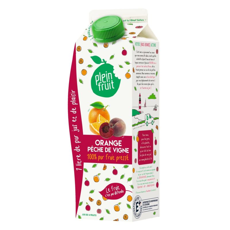 Plein Frui Fruit Pur Jus D'Orange Pêche De Vigne : La Brique 1L