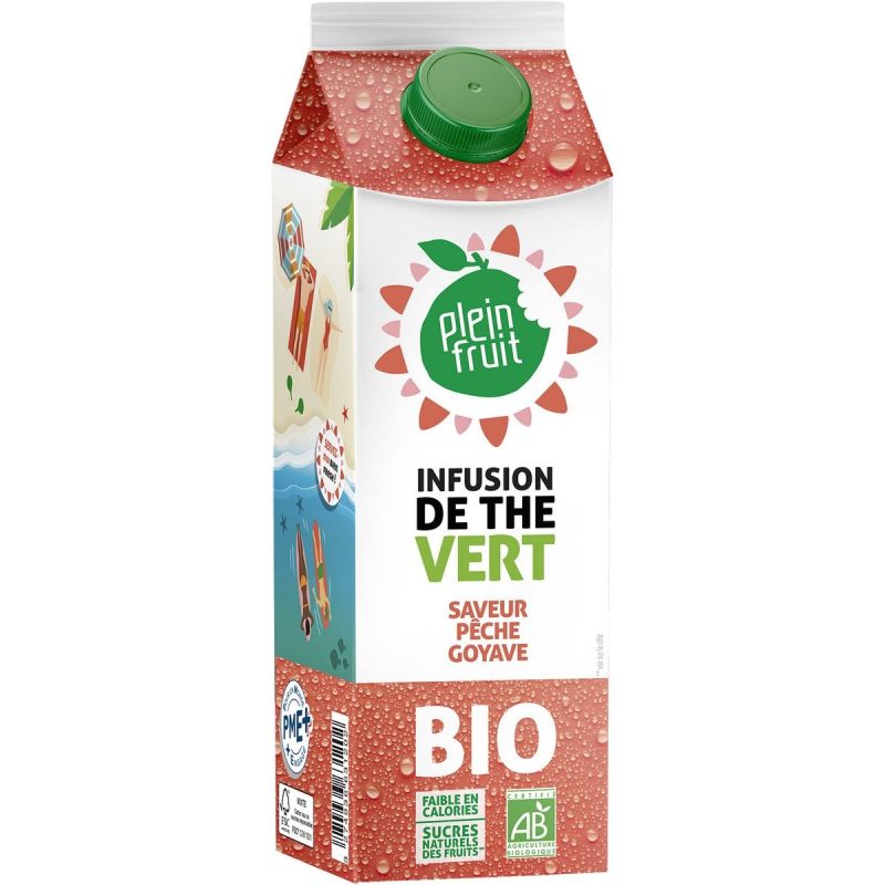 Plein Frui Fruit Boisson Au Thé Vert Infusé Pêche Et Goyave Bio 1L