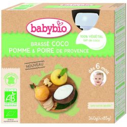 Babybio Brassés Végétaux Gourdes Lait De Coco Pomme Poire 4X85 G - 6+ Mois Bio