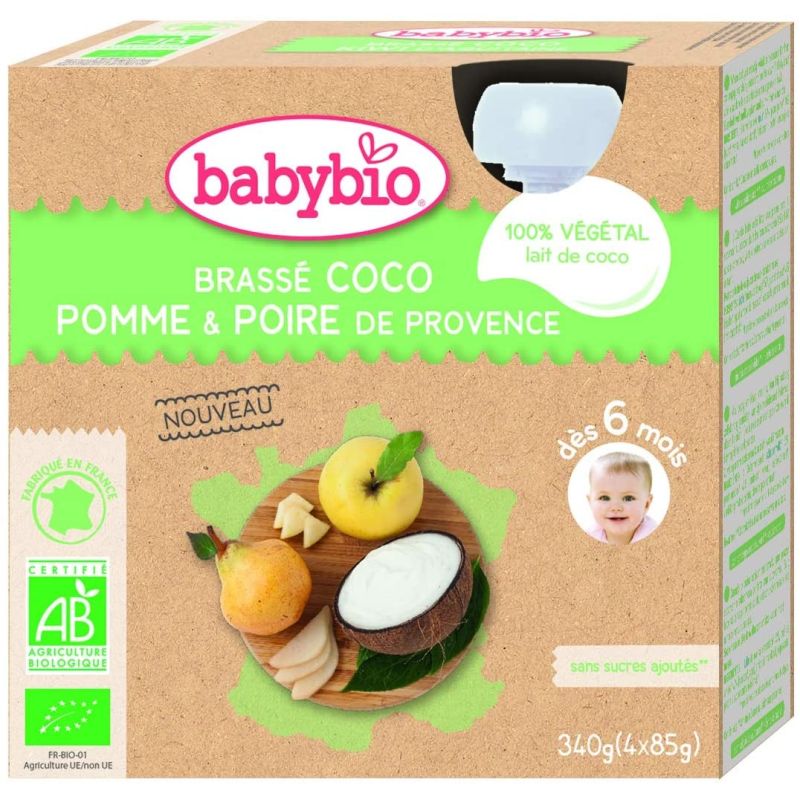 Babybio Brassés Végétaux Gourdes Lait De Coco Pomme Poire 4X85 G - 6+ Mois Bio