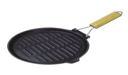 Crealys Poêle Grill Rond Fonte D Acier Gourmet Onyx Manche Bois 21 X 35 Cm