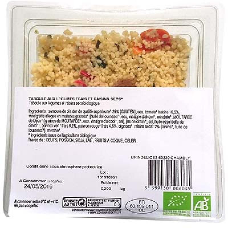 Brindelices Taboulé Légumes Frais Et Raisins Secs Bio 200 G