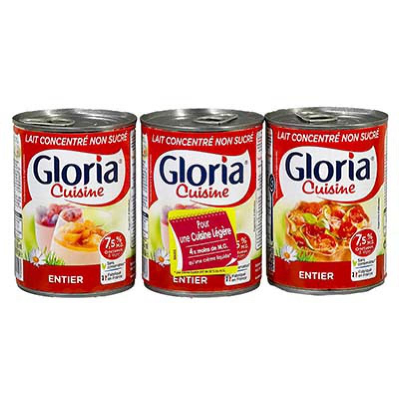Gloria Lait Concentré Non Sucré Entier : Les 3 Boites De 410 G