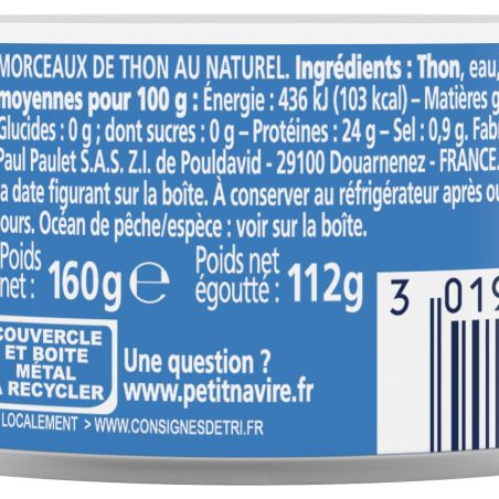 Petit Navire Thon Morceaux Au Naturel : La Boite De 112G