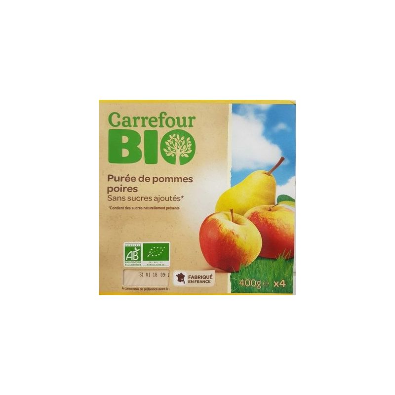 Carrefour Bio 4X100G Purée De Fruits Pomme/Poire Sans Sucres Ajoutés Crf