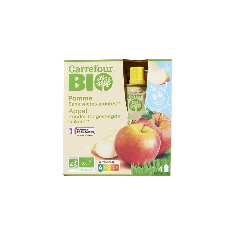 Carrefour Bio 4X90G Gourdes Purée De Fruits Pomme Sans Sucres Ajouteé Crf