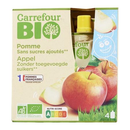 Carrefour Bio 4X90G Gourdes Purée De Fruits Pomme Sans Sucres Ajouteé Crf