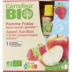 Carrefour Bio 4X90G Gourde Purée De Fruits Pomme/Fraise Sans Sucres Ajoutés Crf