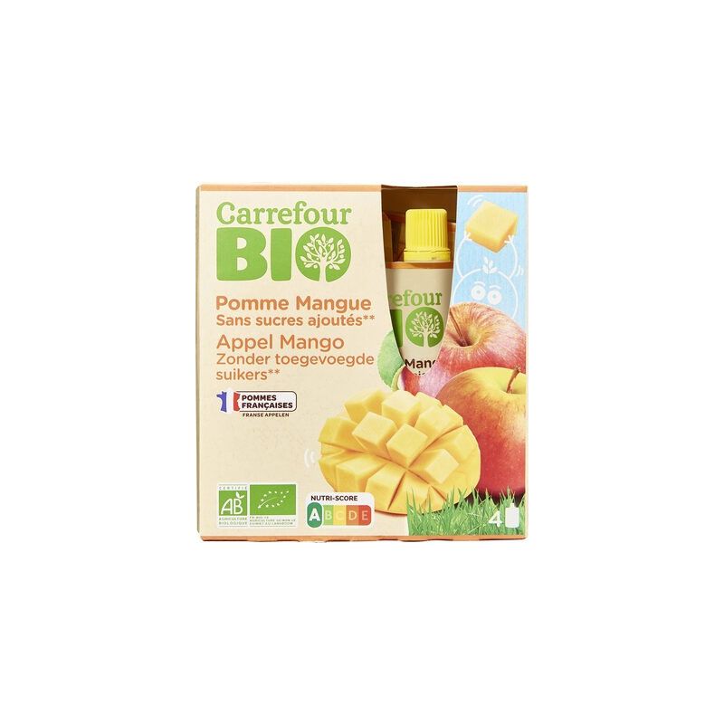 Carrefour Bio 4X90G Gourde Purée De Fruits Pomme/Mangue Sans Sucres Ajoutés Crf