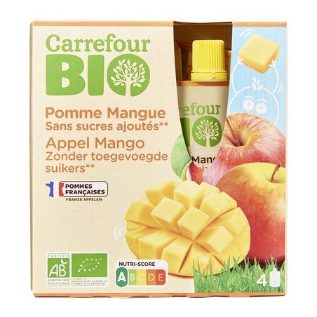 Carrefour Bio 4X90G Gourde Purée De Fruits Pomme/Mangue Sans Sucres Ajoutés Crf