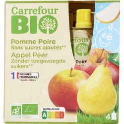 Carrefour Bio 4X90G Gourde Purée De Fruits Pomme/Poire Sans Sucres Ajoutés Crf