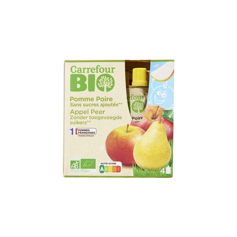 Carrefour Bio 4X90G Gourde Purée De Fruits Pomme/Poire Sans Sucres Ajoutés Crf