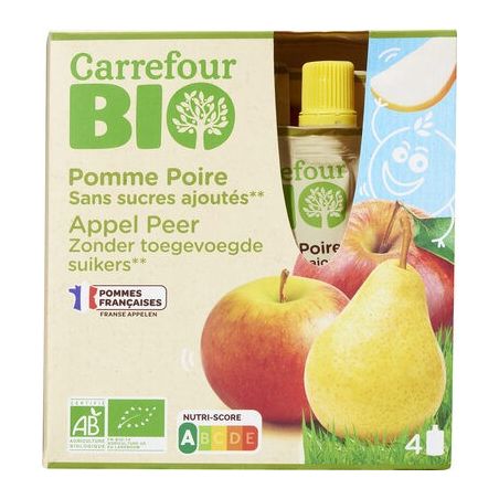 Carrefour Bio 4X90G Gourde Purée De Fruits Pomme/Poire Sans Sucres Ajoutés Crf