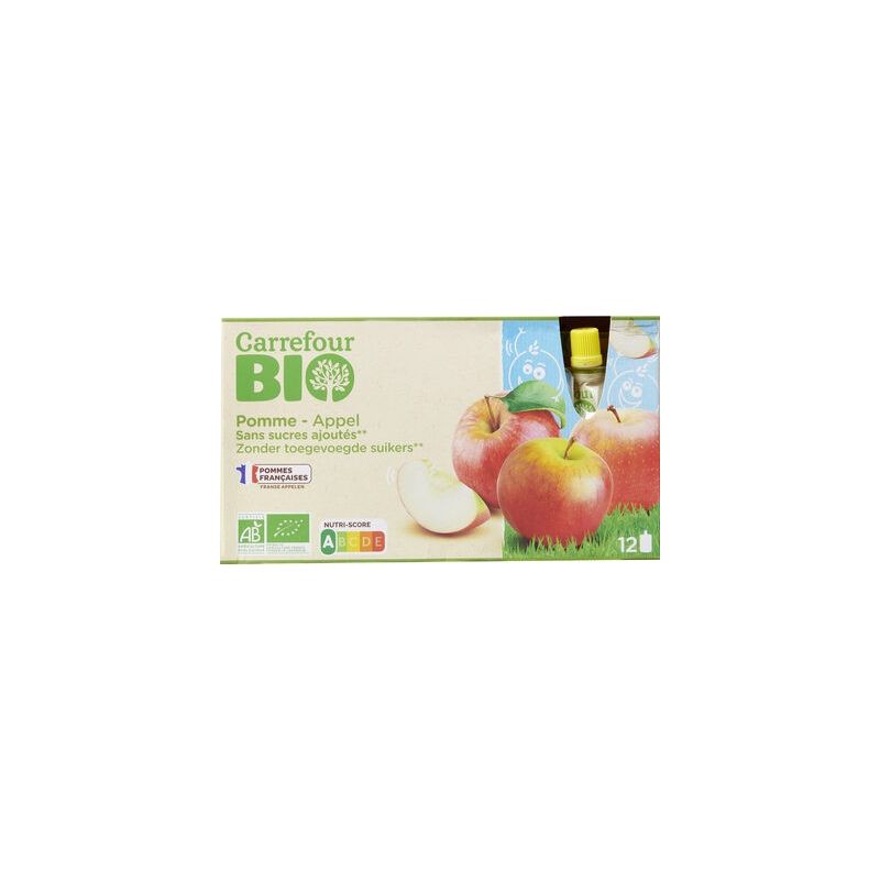 Carrefour Bio 12X90G Gourdes Purée De Fruits Pommes Sans Sucres Ajoutés Crf