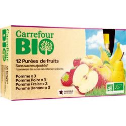 Carrefour Bio 12X90G Gourde De Purée Fruits Panaché Sans Sucres Ajoutés Crf
