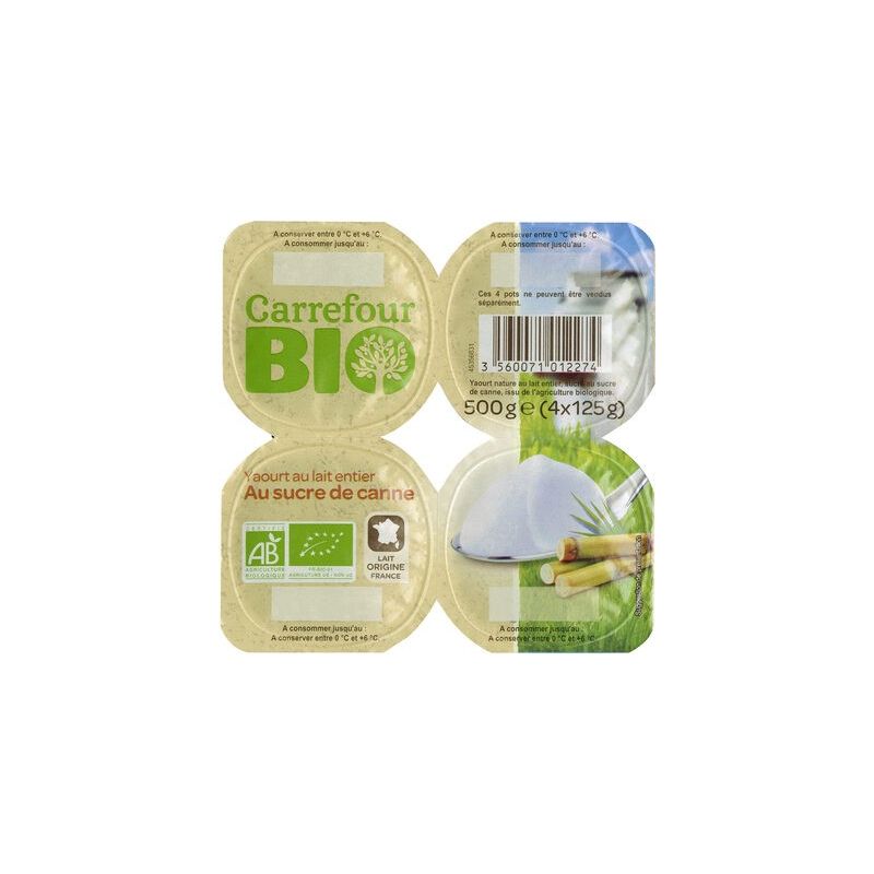 Carrefour 4X125G Yt Nature Sucre Crf Bio