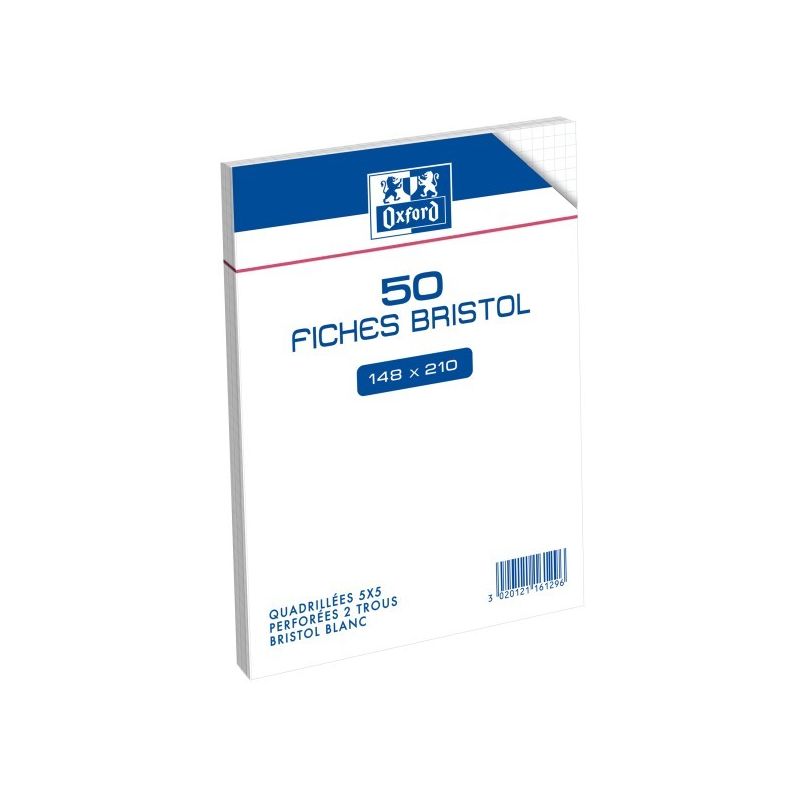 Oxford Lot De 50 Fiches Bristol Quadrillé 148X210 Mm 5X5 Perforée Blanche