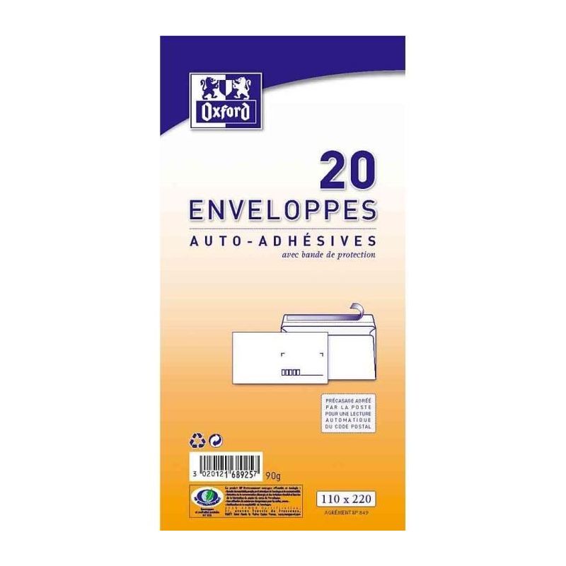Oxford Paquet De 20 Enveloppes Auto-Adhésives Pré-Casées 22 Cm X 11 0,8 80Gr