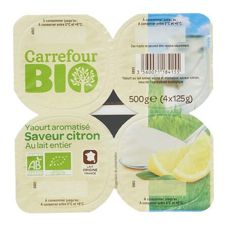 Carrefour Bio 4X125G Yaourt Saveur Citron Crf