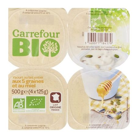 Carrefour Bio 4X125G Yaourt Aux 5 Graines Et Miel Crf