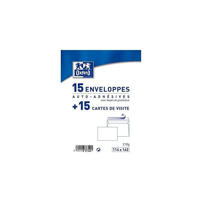 Oxford Paquet De 15 Cartes + Enveloppes Visite 16,2 Cm X 11,4 1,1 Blanc