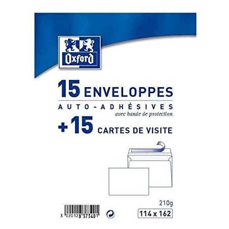 Oxford Paquet De 15 Cartes + Enveloppes Visite 16,2 Cm X 11,4 1,1 Blanc