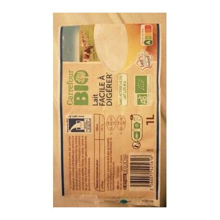 Carrefour Bio 1L Lait Demi Ecrémé Sans Lactose Crf