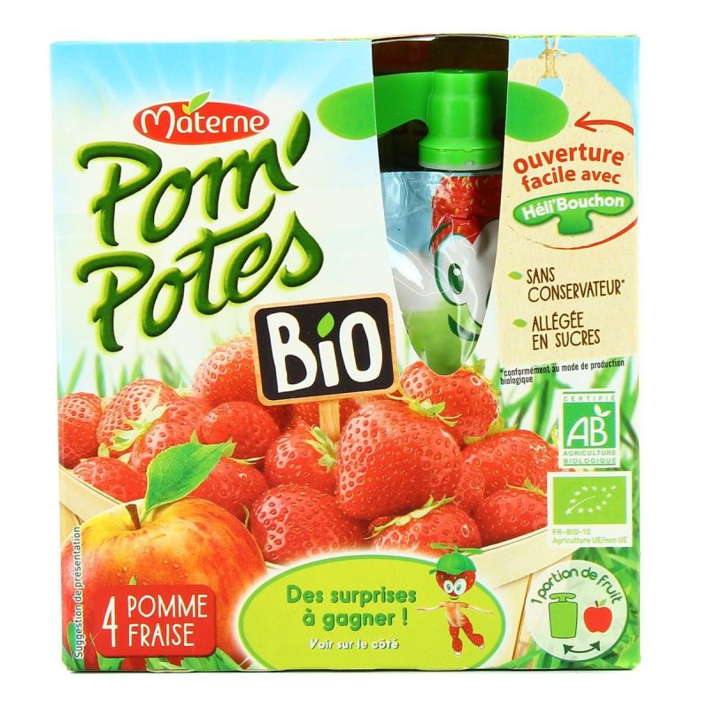 Pom'Potes Compotes En Gourdes Pomme Fraise Sans Sucre Ajoutés Bio : Les 4 De 90G