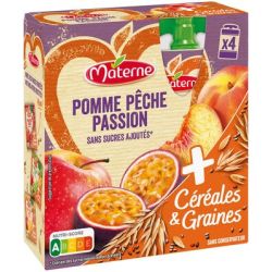 Materne Compotes Pomme,Pêche,Passion Avec Céréales & Graines Sans Sucres Ajoutés : Le Paquet De 4 Gourdes 90G