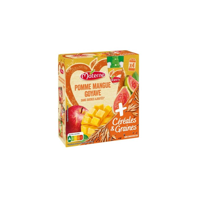 Materne Compotes Pomme Mangue Goyave Céréales & Graines Sans Sucres Ajoutés : Le Paquet De 4 Gourdes 90G