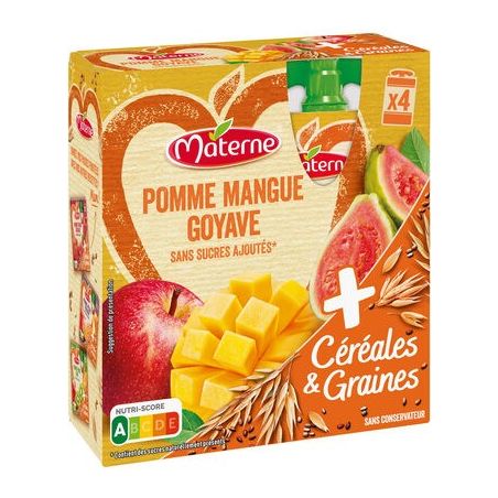 Materne Compotes Pomme Mangue Goyave Céréales & Graines Sans Sucres Ajoutés : Le Paquet De 4 Gourdes 90G