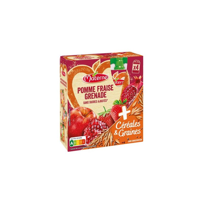 Materne Compotes Pomme Fraise Grenade Céréales & Graines Sans Sucres Ajoutés : La Boite De 4 Gourdes 90G