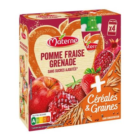 Materne Compotes Pomme Fraise Grenade Céréales & Graines Sans Sucres Ajoutés : La Boite De 4 Gourdes 90G