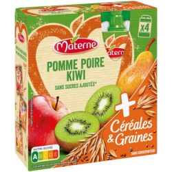Materne Compotes Pomme Poire Kiwi Céréales & Graines Sans Sucres Ajoutés : Le Paquet De 4 Gourdes 90G