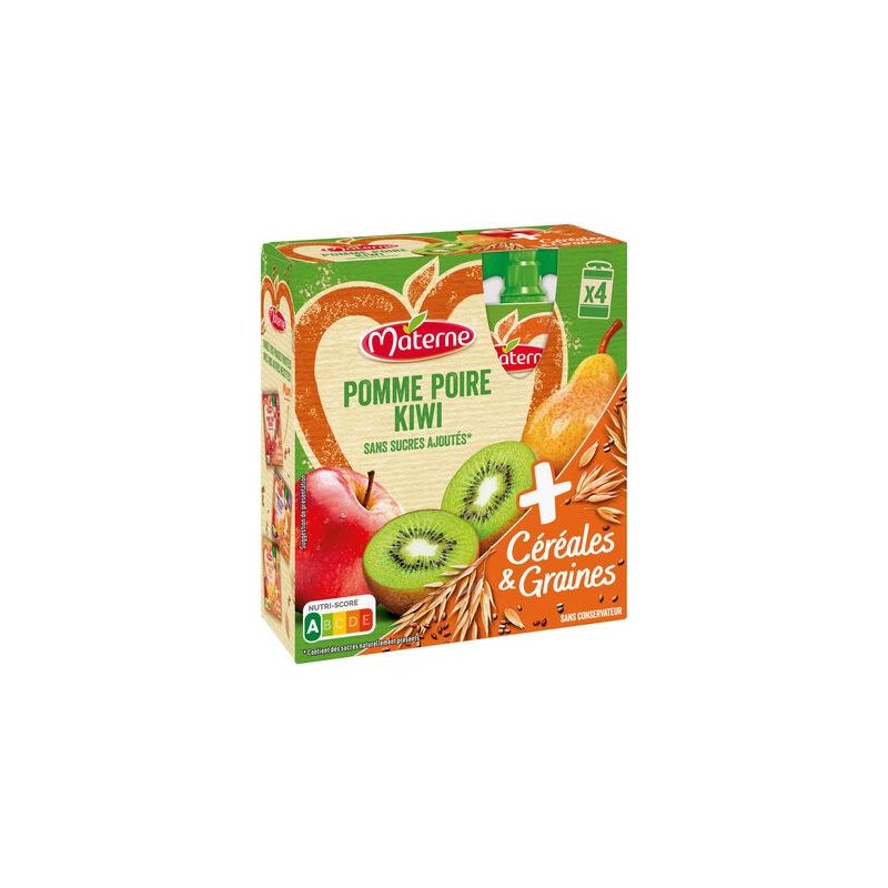 Materne Compotes Pomme Poire Kiwi Céréales & Graines Sans Sucres Ajoutés : Le Paquet De 4 Gourdes 90G