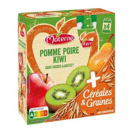 Materne Compotes Pomme Poire Kiwi Céréales & Graines Sans Sucres Ajoutés : Le Paquet De 4 Gourdes 90G